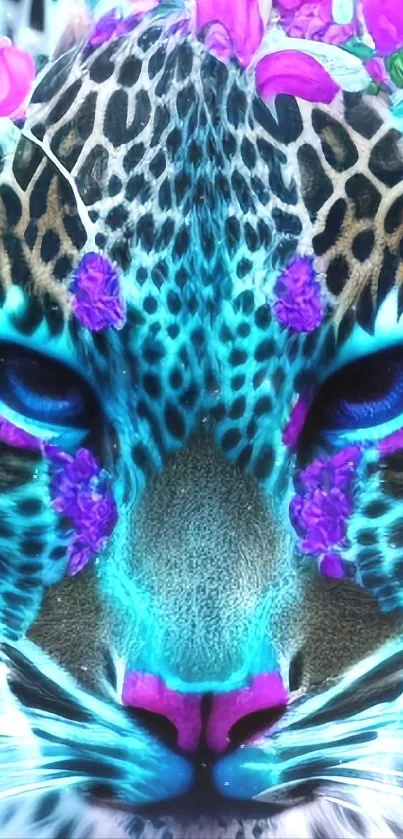 Digitally enhanced leopard with vibrant floral elements in fantasy style.