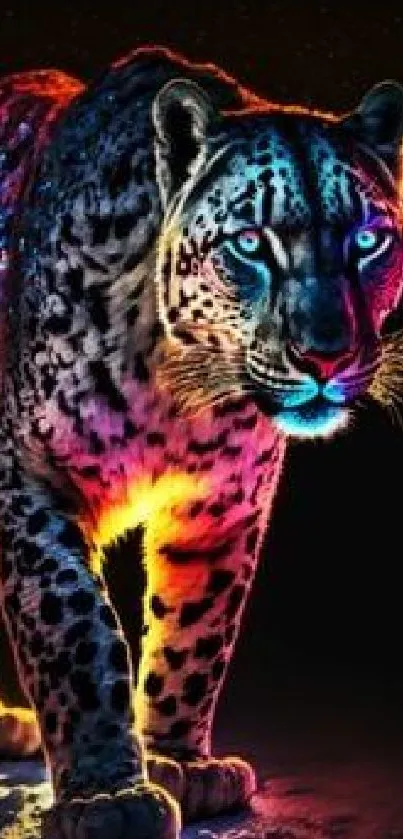 Vibrant neon leopard glowing against black background.