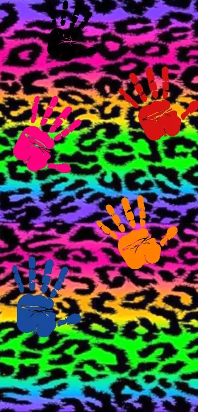 Colorful leopard pattern with vibrant handprints for mobile wallpaper.