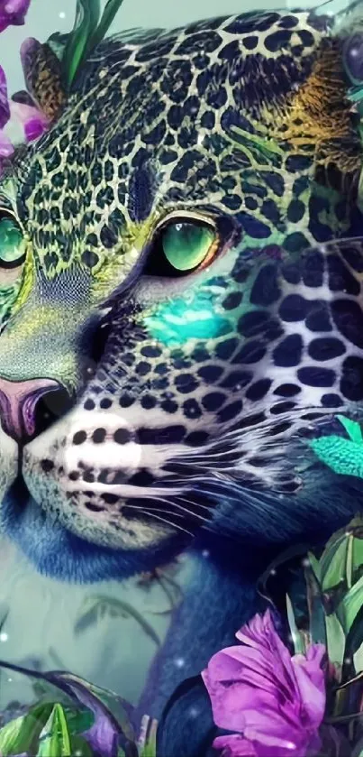 Vibrant leopard with flowers in jungle fantasy art.