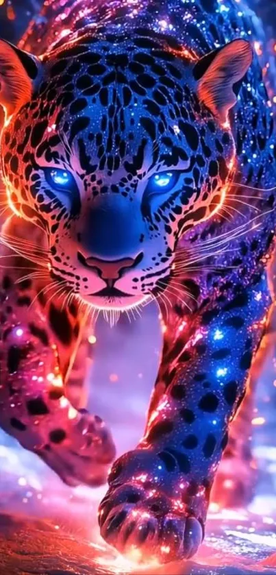 A neon-lit leopard walking forward, glowing brightly.