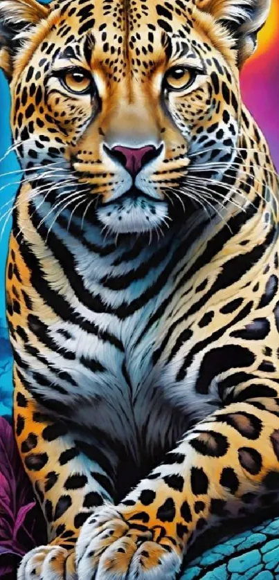 Vibrant jungle scene with a majestic leopard and colorful surroundings.