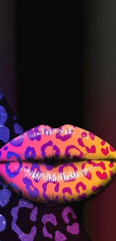 Colorful leopard print lips on a black background.