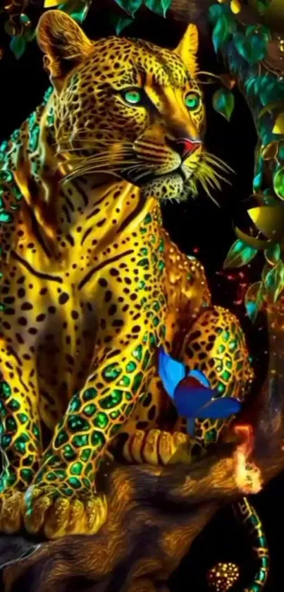 Vibrant mobile wallpaper with a leopard and a butterfly.