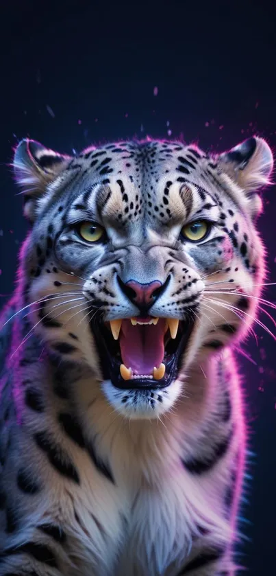 Fierce snow leopard with neon accents on a dark background.