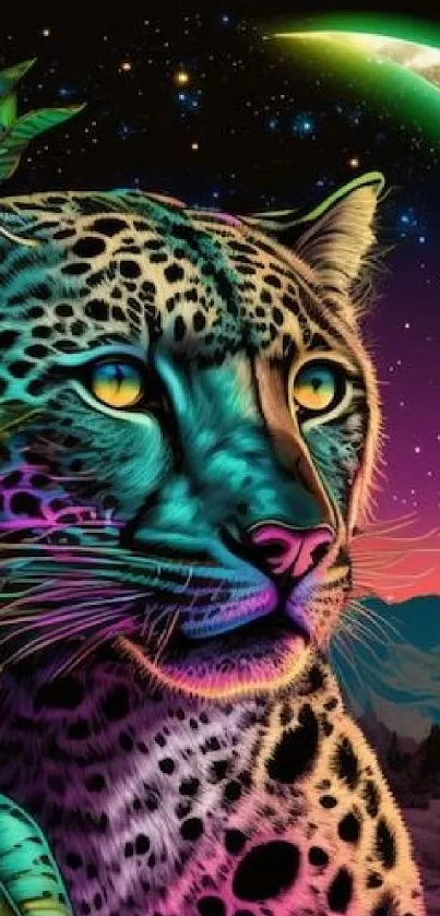 Psychedelic neon leopard in a jungle night scene wallpaper.