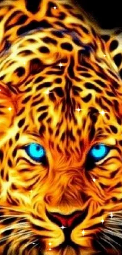 Vibrant leopard with blue eyes on phone wallpaper, showcasing vivid orange colors.