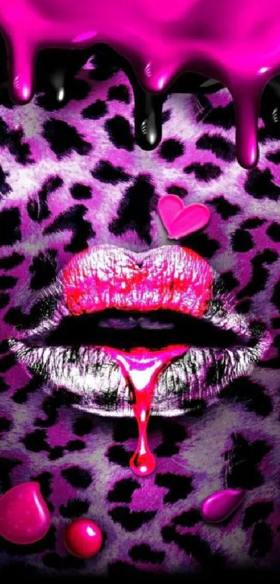 Stylish pink leopard print wallpaper with dripping paint and lips.