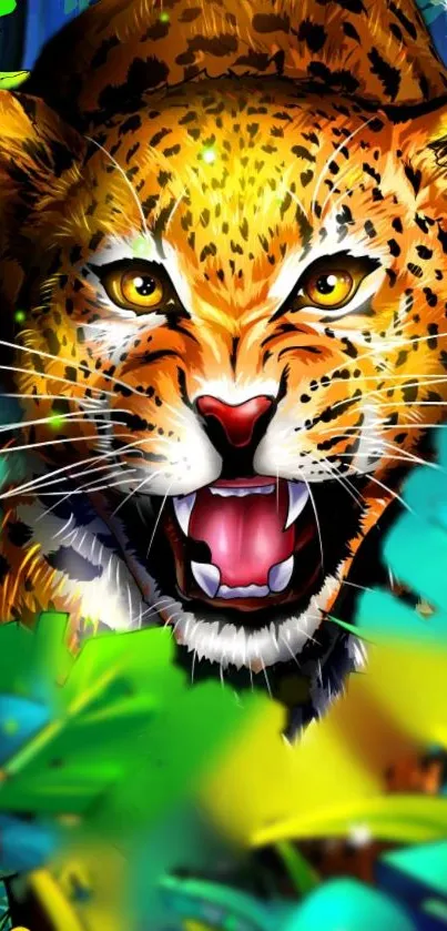 Vibrant leopard with jungle in colorful mobile wallpaper.