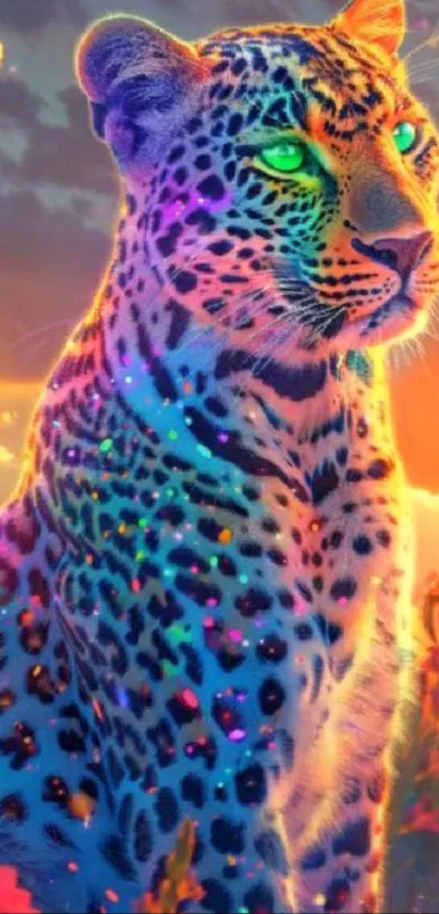 A vibrant leopard with neon colors in a sunset background.