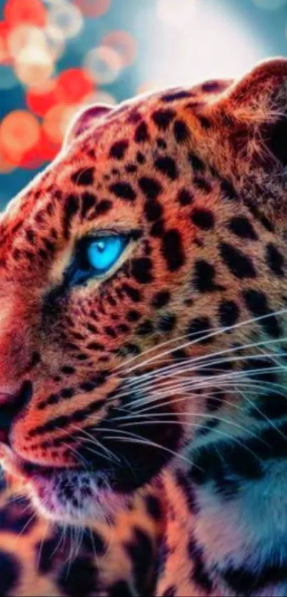 Artistic leopard with blue eyes in vibrant colors.