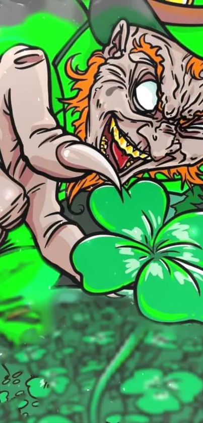 Lively leprechaun with four-leaf clover illustration.