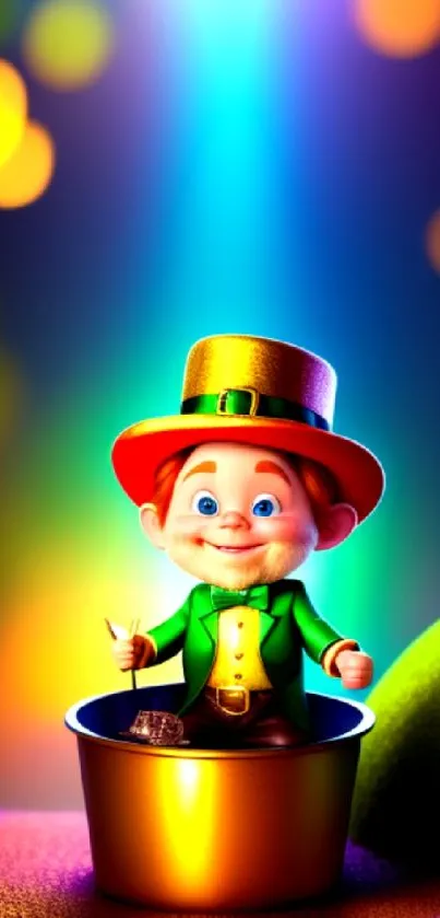 Vibrant leprechaun in a colorful setting with glowing effects and bokeh lights.