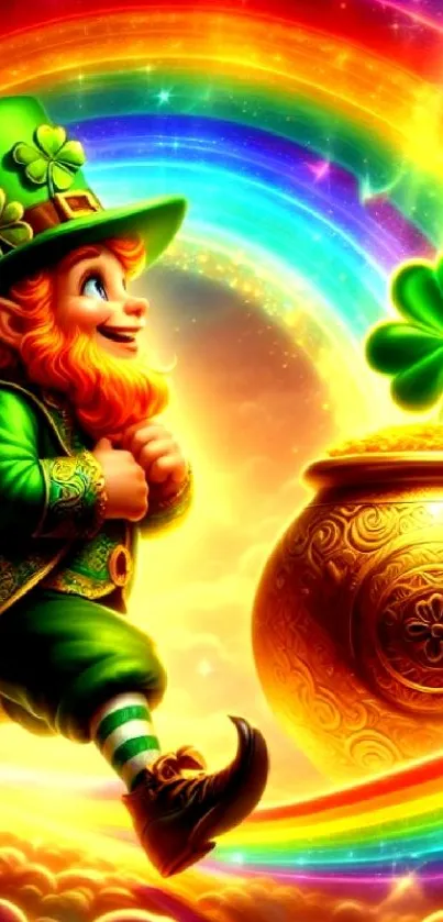 Leprechaun with pot of gold under a colorful rainbow.
