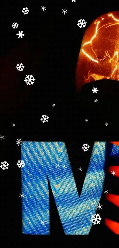 Vibrant letter M with snowflakes on a luminous background.