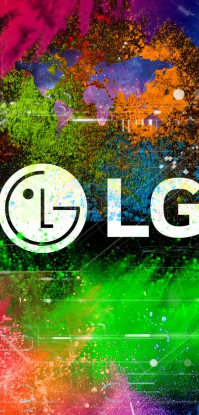 Vibrant LG logo with colorful splashes on wallpaper.