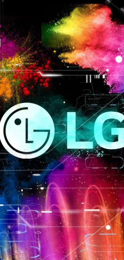 Colorful LG logo with vibrant splashes on black background.