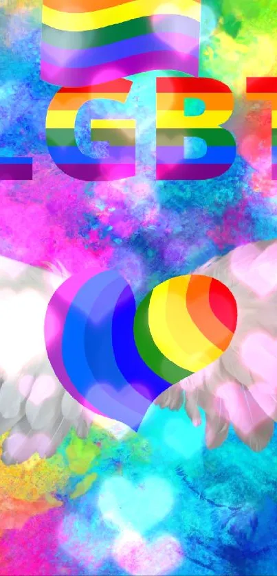 LGBT pride wallpaper with rainbow heart and wings.