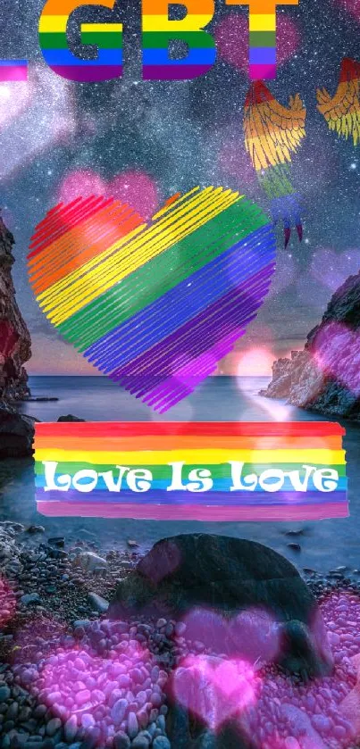 LGBT pride wallpaper with rainbow heart and love message at night.