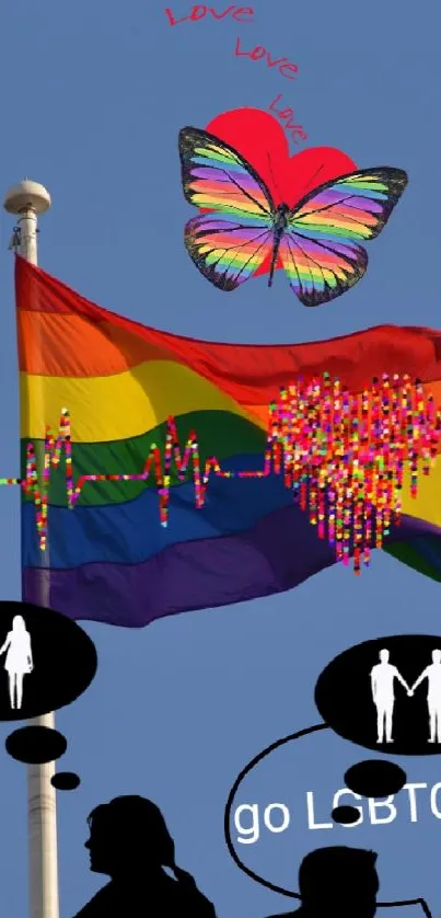 Vibrant rainbow flag with LGBTQ+ symbols.