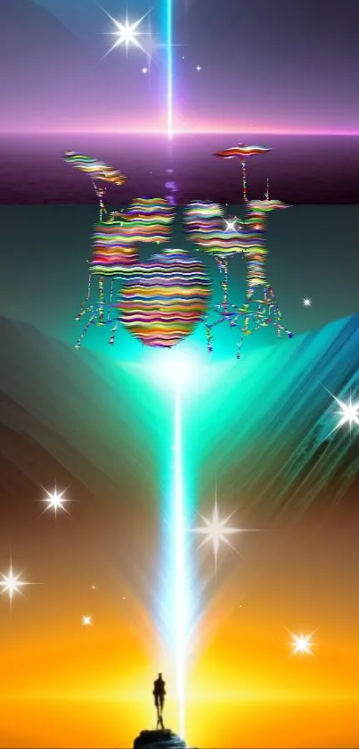 Futuristic wallpaper with vibrant light beam and colorful landscapes.
