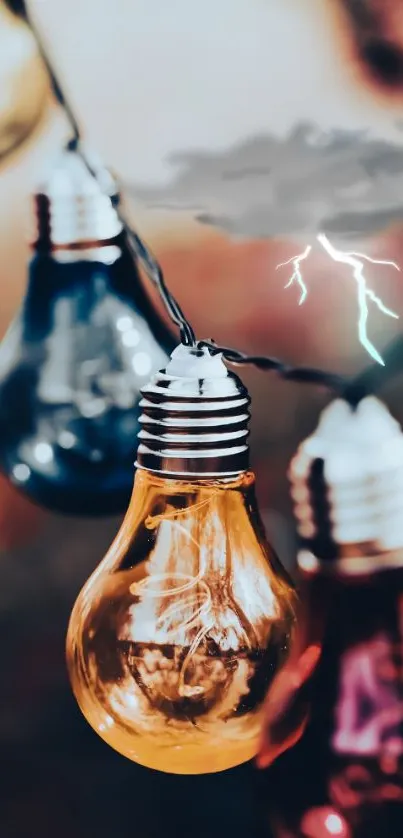 Colorful light bulbs with stormy sky background.