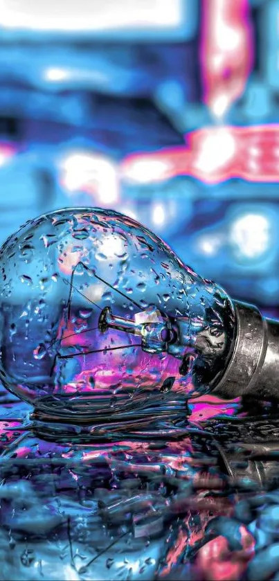 Vibrant blue and pink light bulb with raindrops reflecting on a surface.