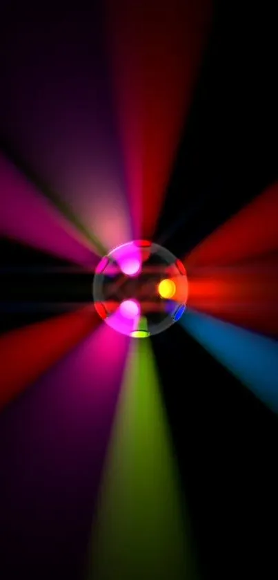 Dynamic burst of colorful lights on black background mobile wallpaper.