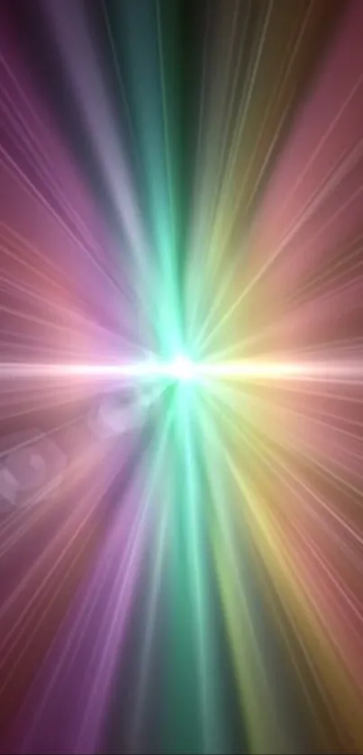 Abstract wallpaper with vibrant light burst in purple and multicolored rays.