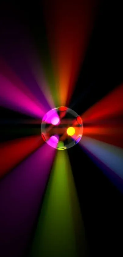 Vibrant light rays from central sphere on black background.