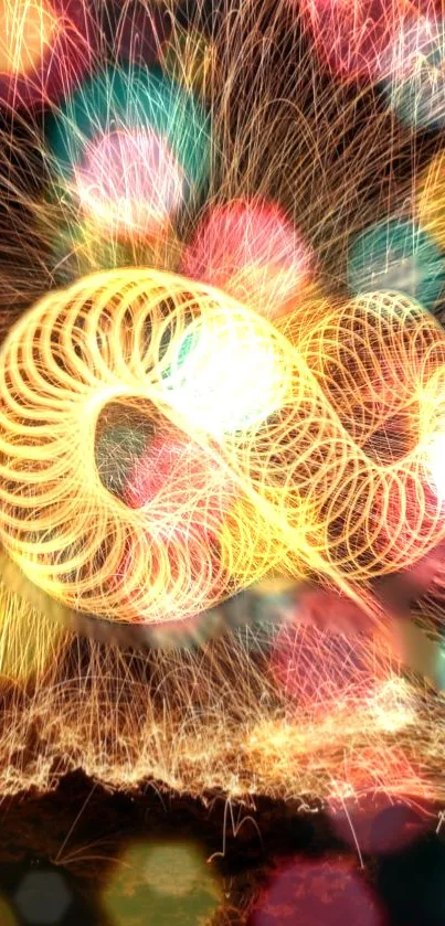 Colorful light spiral with vibrant bokeh effect in abstract style.