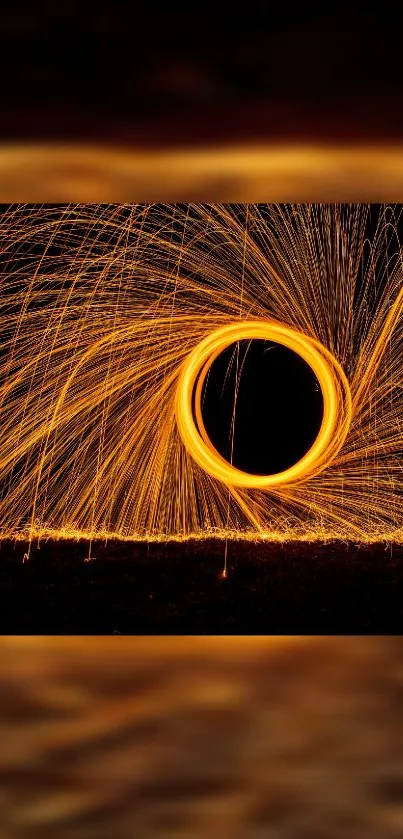 Vibrant circular light trails wallpaper with orange sparks on a dark background.