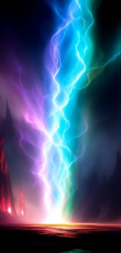 Vibrant neon lightning in a dark fantasy landscape wallpaper.