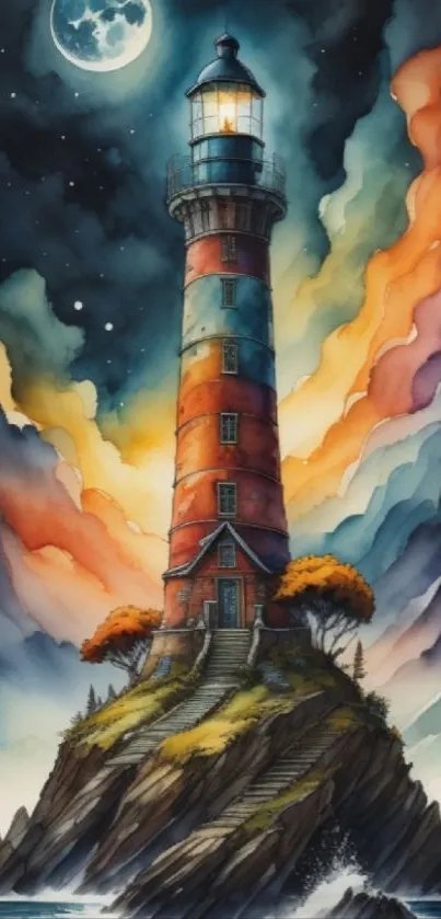 Vibrant lighthouse art with colorful sky and moonlit sea.