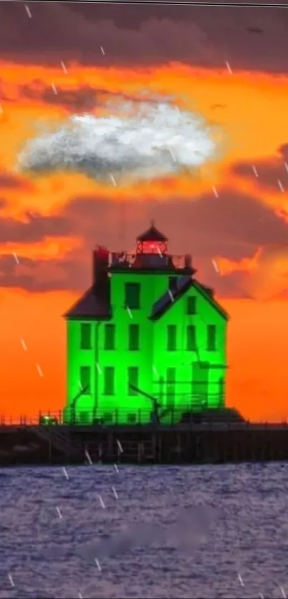 Vibrant green lighthouse under orange sunset with rain on the sea.