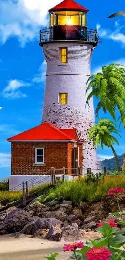 Vibrant image of a lighthouse by the beach under a bright blue sky with soaring seagulls.