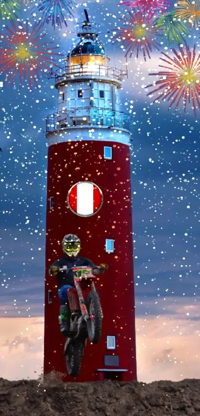 Vibrant red lighthouse with motocross and fireworks.