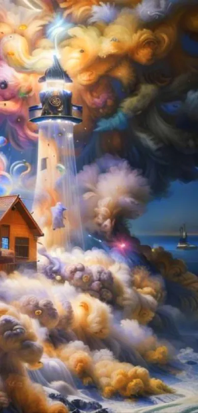 Surreal lighthouse fantasy scene with vibrant swirling clouds.