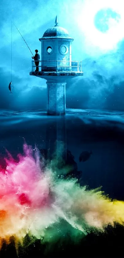 Surreal lighthouse and vibrant underwater scene wallpaper.