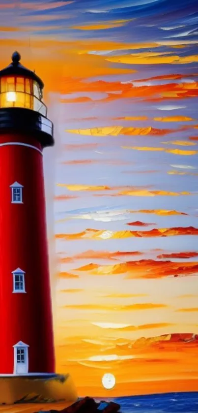 Vibrant lighthouse overlooking a stunning sunset sky with colorful clouds.