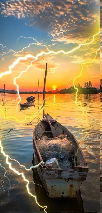 Boat on a sunset lake with vibrant lightning effects.