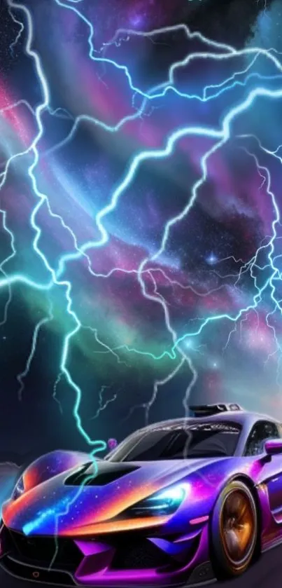 Vibrant sports car under electric lightning sky wallpaper.