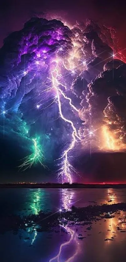 Colorful lightning storm reflecting in water at night.