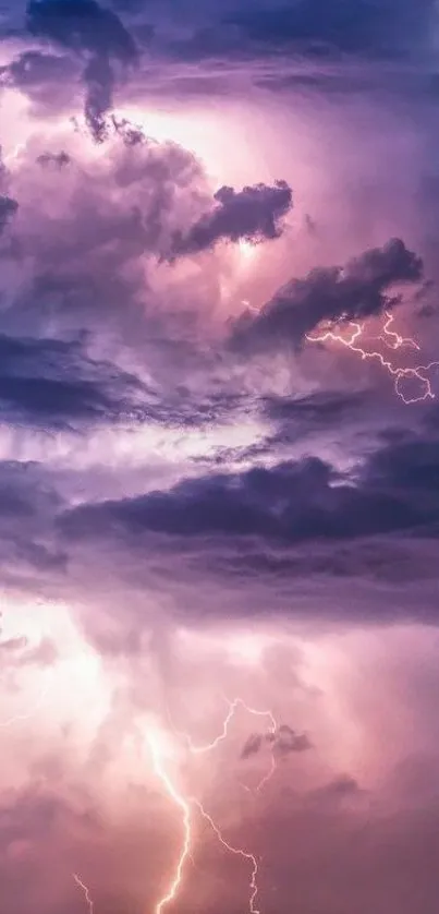 Purple lightning illuminates dramatic clouds in a vibrant mobile wallpaper.