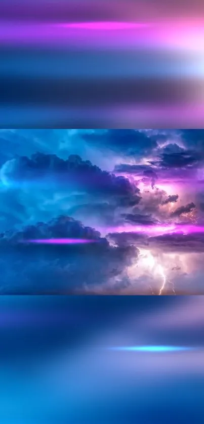 Vivid cloud and lightning storm mobile wallpaper in blue and purple hues.