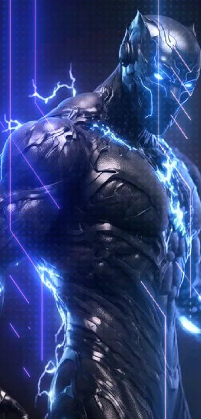 Futuristic hero with glowing blue accents and lightning effects background.