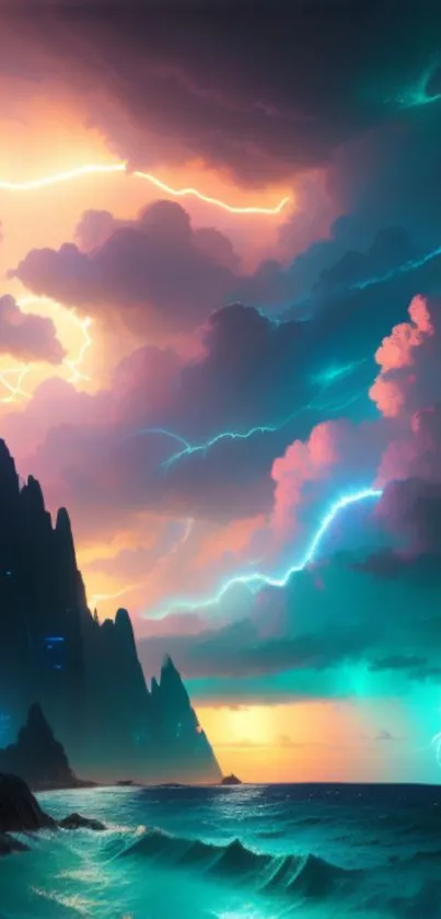 Vibrant lightning illuminates a scenic ocean under a colorful sky.
