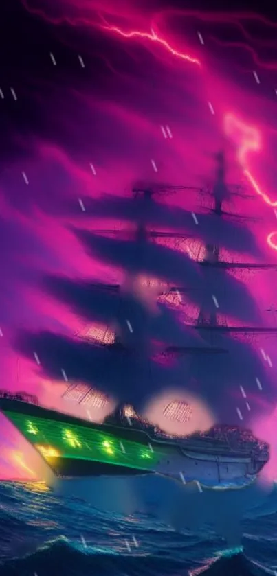 Ship sailing through a purple lightning storm.