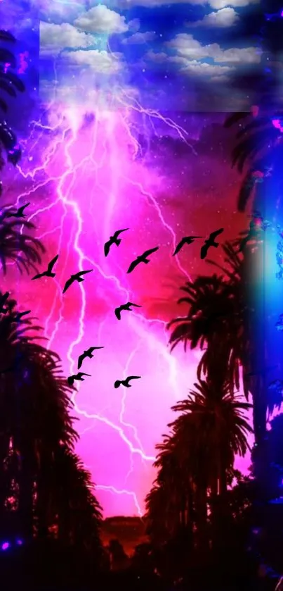 Neon lightning storm over palm trees wallpaper.