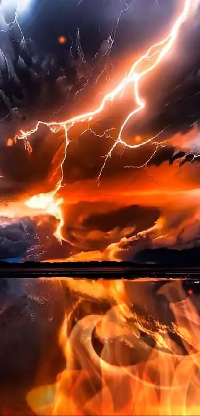 Vivid lightning storm mobile wallpaper with fiery skies and reflections.